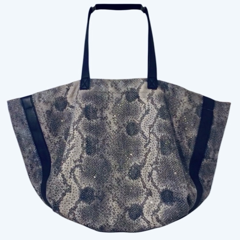 Snake Python Print 2 Handle Taupe Gray Black Embellished Vegan Tote Bag Purse